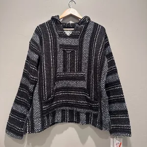 Baja Joe Black Gray Mexican Rug Pullover Hooded Sweater Size Small‎ thumbnail 1
