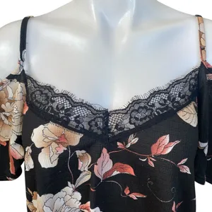 Free Press Clothing black pink floral off the shoulder short sleeve crop top M thumbnail 6