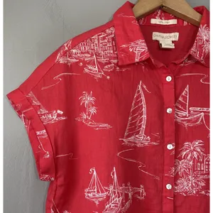 Cynthia Rowley Linen Top Size Small Red Button Up Shirt Sailboat Ibiza Style thumbnail 2