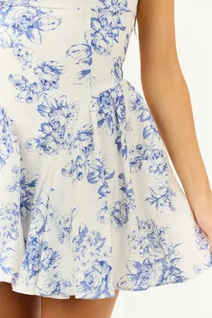 Ivory and Cobalt Floral Mini Dress thumbnail 9