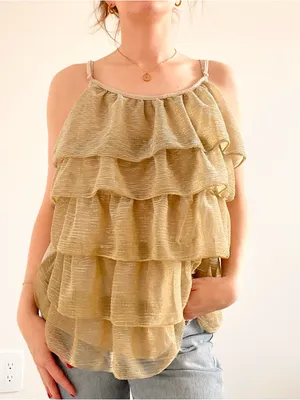 Vintage Metallic Gold Tiered Ruffle Camisole Top thumbnail 4