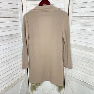 Boho‎ Fringe Hem Waterfall Cardigan Knit Khaki Tan Small Open Front Long Sleeve thumbnail 8