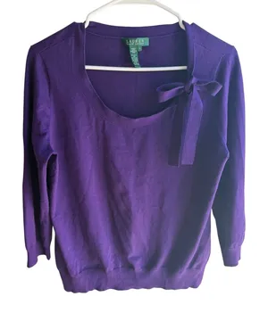 Vintage Ralph Lauren Purple Silk Blend Scoop Neck Bow Sweater Women's‎ Large thumbnail 1