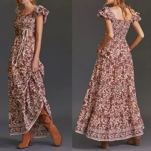 Anthropologie Love the Label Maxi Dress S Cottagecore Smocked Tiered Block Print thumbnail 2