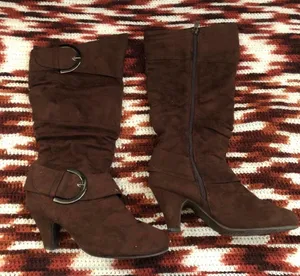 Y2K Brown Faux Suede Leather Mid Calf Boots Ruched Silver Large Chunky Buckles Round Toe Kitten Heels #western #country #boho #whimsygoth #stagecoach festival thumbnail 2