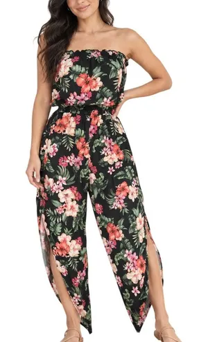 Bar III Black Tropical Floral Strapless Split Leg Jumpsuit Medium thumbnail 1