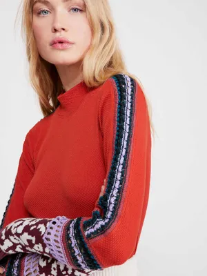 Free People Switch It Up Thermal top patchwork waffleknit crochet mock neck thumbnail 13
