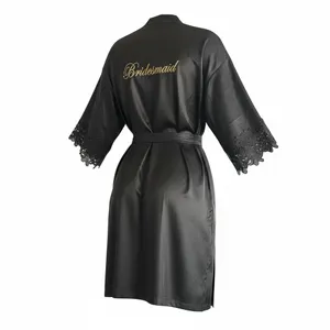 Black Bridesmaid Satin Lace Kimono Robe‎ With Tie Sash Large thumbnail 2