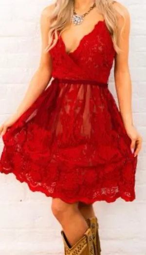 Red Lace Dress AUDINE Southern Fried Chics Antique Lace Western Boho Prom Sz M thumbnail 1