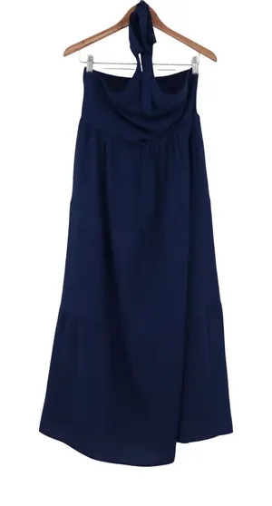 Navy Blue Smocked Halter Maxi Dress Tiered Boho Summer Sun Dress Large thumbnail 1