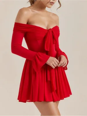 HOUSE OF CB Alana Off-Shoulder Mesh Mini Dress, Red, XS thumbnail 3