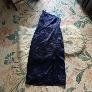 LULU’S Desirable Dream Navy Blue Satin Jacquard Halter Neck Midi Dress thumbnail 6