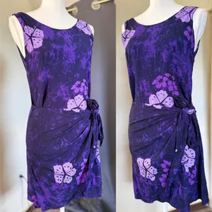 Young Fashion Purple‎ Floral Batik Sarong Mini Dress Womens Small Handmade Rayon thumbnail 3