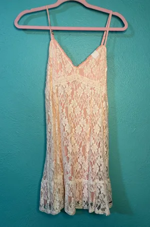 Lace Floral Mini Babydoll Dress Cream and Light Pink thumbnail 1