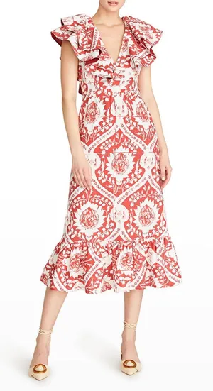 AMUR Zemirah Ruffle Midi Dress Red‎ Ochre Floral Sustainable 6 thumbnail 1