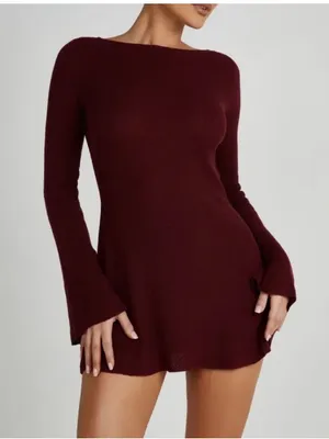 Meshki Zahra Open Back Long Flare Sleeve Burgundy Brown Mini Dress thumbnail 1