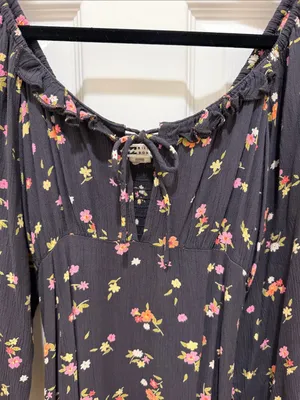 Billabong Black Floral Tie-Front Long Sleeve Boho Peasant Style Midi Dress XS thumbnail 6