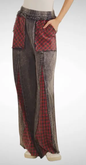 Sage + Fig Grunge Patch Plaid Wide-Leg Pants Navy/Red Size M thumbnail 1