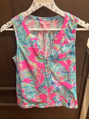 Lilly Pulitzer Essie‎ Tank Top - Gold Buttons - Pink Blue Hibiscus Flower small thumbnail 1