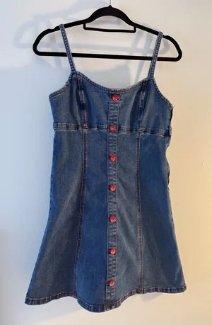 Denim Mini Dress with Red Heart Buttons Blue Size M thumbnail 1