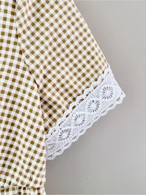 Bagatelle Cottagecore Gingham Front Tie Lace Trim Blouse Tan White Large thumbnail 2