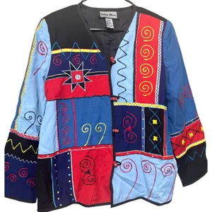 Indigo Moon‎ Tapestry Jacket Flax Cotton blend Embroidery Patchwork artsy sz M thumbnail 1