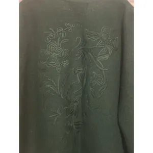 Women's Open Knit Long Cardigan Sweater Embroidered Size Medium Dark Green Wool thumbnail 5