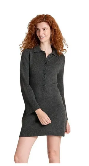 NWT A New Day Knit Polo Collar Ribbed Cuff Sweater Dress Dark Heather Gray M thumbnail 1