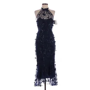 Dessy Collection Maya Navy 3D Floral Sequin Halter Dress Size 2 Fairycore thumbnail 2
