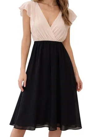 NWT ANM Colorblock Dress Small Black Beige Chiffon V-Neck‎ Ruffle Sleeve Midi thumbnail 1