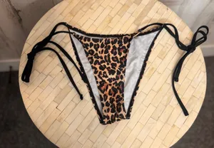 Leopard Print Bikini Bottom Cheeky Tie Side Swimwear Womens XS Brown Black thumbnail 1