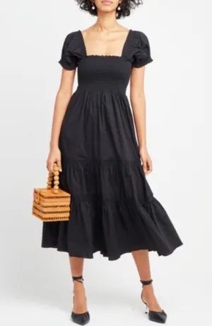 Anthropologie O.P.T. • Daphne Square Neck Smocked Maxi Dress black cotton poplin tiered thumbnail 1