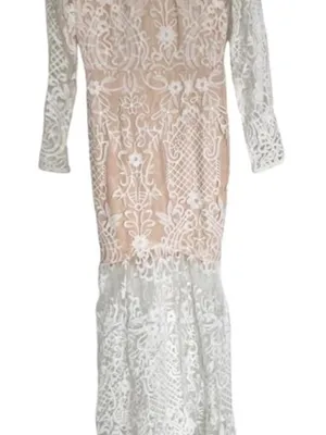 Elegant Ivory White & Nude Embroidered Lace Bohemian Dress With Rhinestone Belt thumbnail 7