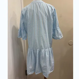 Addison Bay Blue White Striped Tiered Mini Sun Shirt Dress Cotton Poplin Medium thumbnail 3