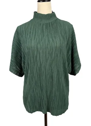 Zara Plissé Mock Neck Top‎ Womens Medium Short Sleeve Dolman Forest Green thumbnail 1