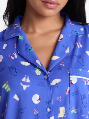 Blue Women's Short-Sleeve Pajama Top and Shorts Set with Summer Time Print thumbnail 4