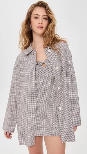 Free People Arlo Gingham Check 2 Piece Mini Dress Long Sleeve Shirt Co-Ord Set S thumbnail 1