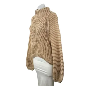Free People Sweetheart Beige Chunky Knit Mock Neck Balloon Sleeve Sweater Top S thumbnail 2