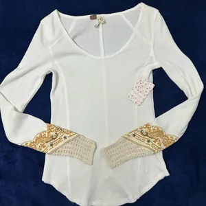 Free People White and Gold Long Sleeve Top thumbnail 3