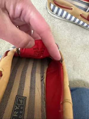 Sperry Navy & White Striped Canvas Boat Shoes with Tan Trim and Red Laces thumbnail 5