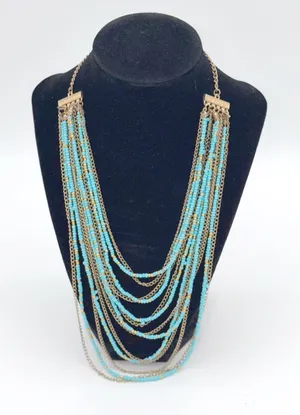 Turquoise Blue Seed Bead Layered Multi Strand Necklace Gold Tone Boho Statement thumbnail 1