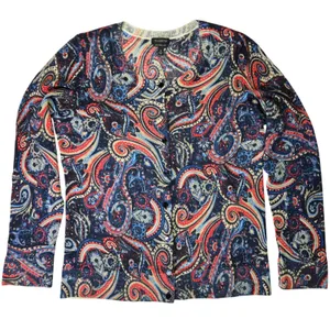 Talbots Pure Merino Wool Paisley‎ Cardigan Sweater Navy Red Blue Womens Medium thumbnail 1