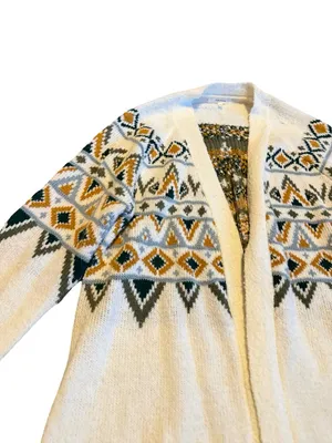 Maurices Cream Long Length Cardigan Sweater Open Front Tribal Fair Isle Medium thumbnail 3