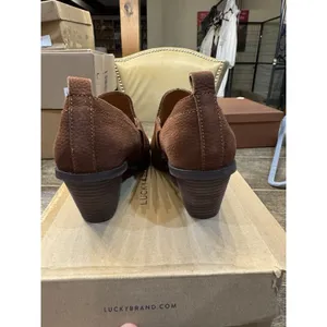 Lucky Brand Women's Vennia Brown Nubuck Leather Booties Stacked Heel Slip On thumbnail 6