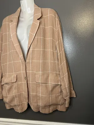 Madewell Blazer Womens XL Tan Windowpane Linen Blend Patch Pockets 2 Button thumbnail 3