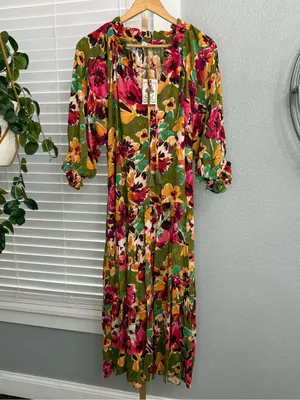 NWT Sabrina Olive Rose Printed 3/4 Sleeve Dress Size Small Tiered thumbnail 4