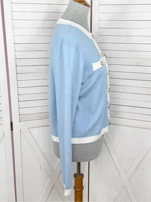 Emerson Lang Cardigan Sweater Button Front Contrast Trim Blue White Medium thumbnail 3
