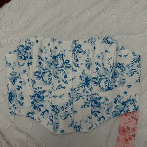 Floral Blue and White Strapless Corset top thumbnail 2