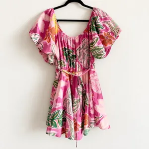 NWT Midnight Doll Pink Tropical Floral Mini Dress Large L Puff Sleeve Smocked Waist thumbnail 2