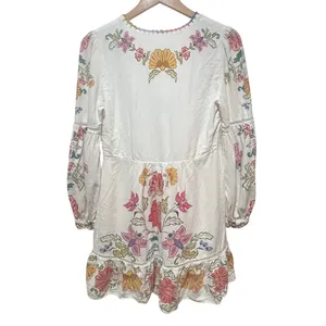 Farm Rio Floral Insects Mini Dress Small White Boho Tiered Whimsical Cottagecore thumbnail 5